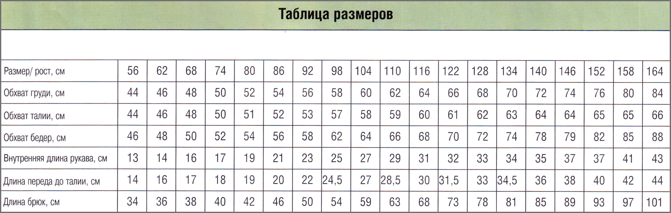 Таблица размеров