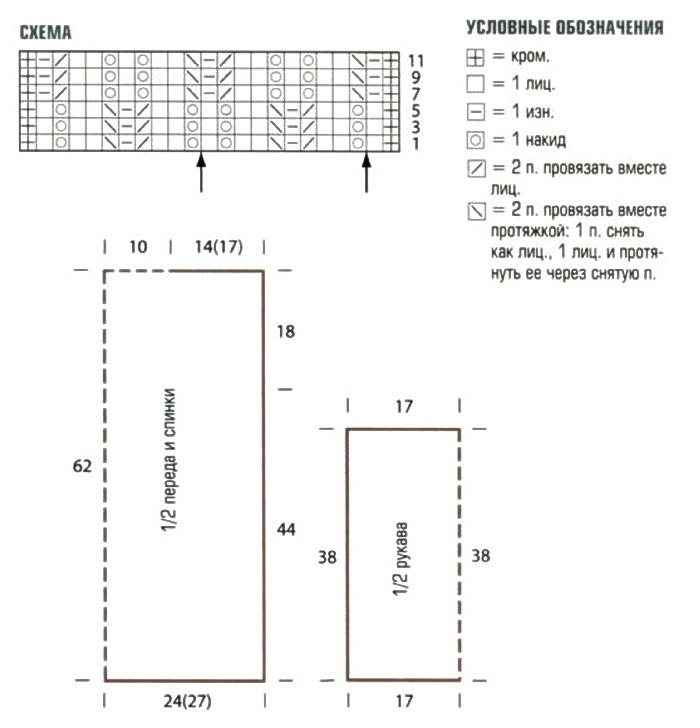 Схема вязания женского полувера с ажурным рельефным узором